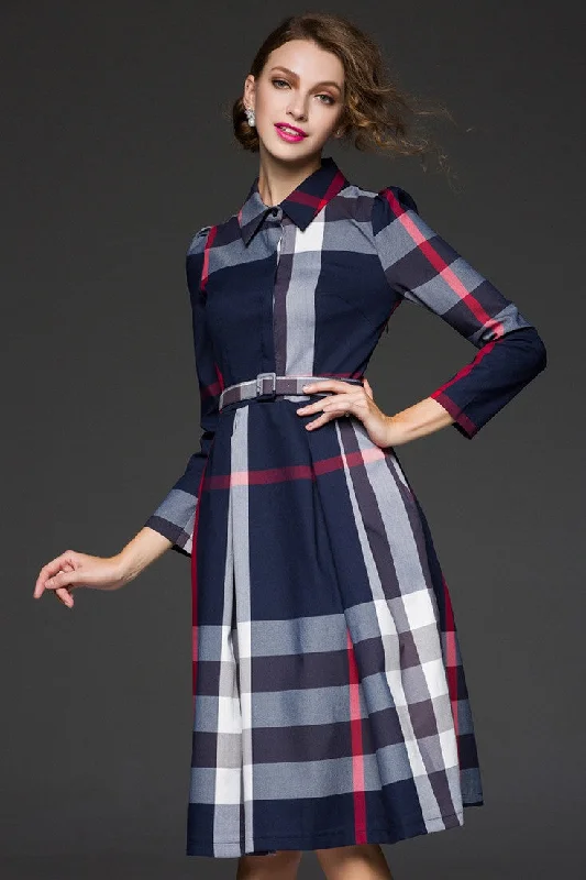 Plaid Dress W/ Belt Practical Women's Quick - dry