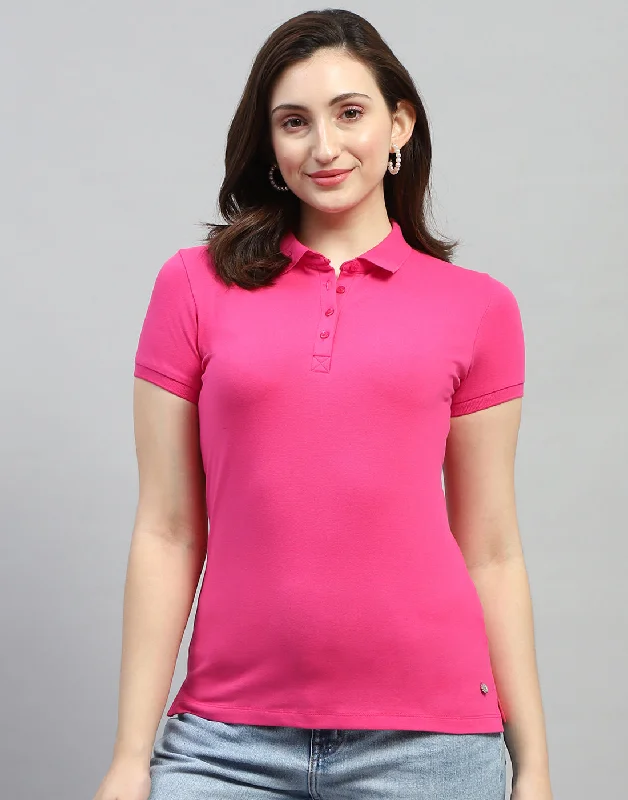 Women Pink Solid Polo Collar Half Sleeve T Shirt Street