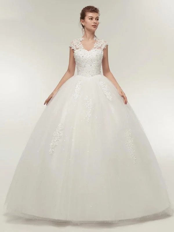 V-Neck Cap Sleeves Ball Gown Lace Wedding Dresses Refined Women's Hand - crafted