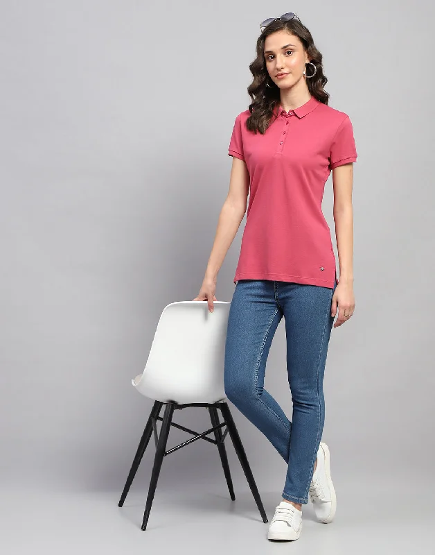 Women Pink Solid Polo Collar Half Sleeve T Shirt Laid - back Women's Style