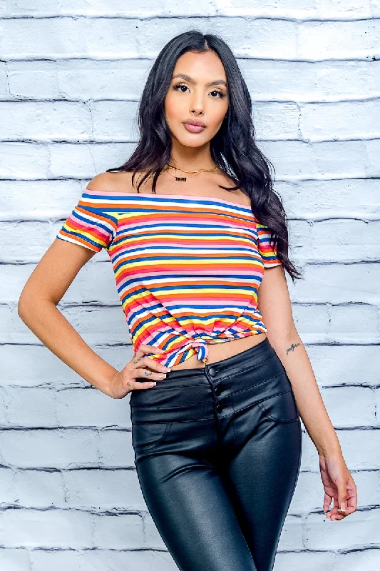 Multi Color Stripe Off Shoulder Crop Top with Short Sleeves and Front Tie Detail (0008957) Elegant Women's Multi Color Stripe Off Shoulder Crop Top with Short Sleeves and Front Tie Detail (0008957) Elegant Women's