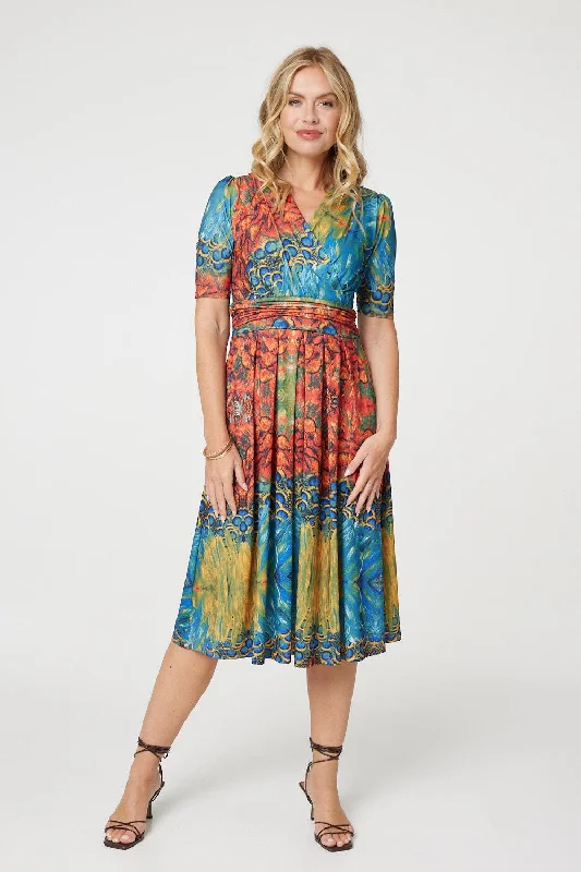 Printed Ruched Waist Faux Wrap Midi Dress Earthy Women's Hemp - based