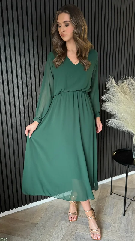 Beatrix Forest Green V Neckline Midi Dress Earthy Women's Hemp - based