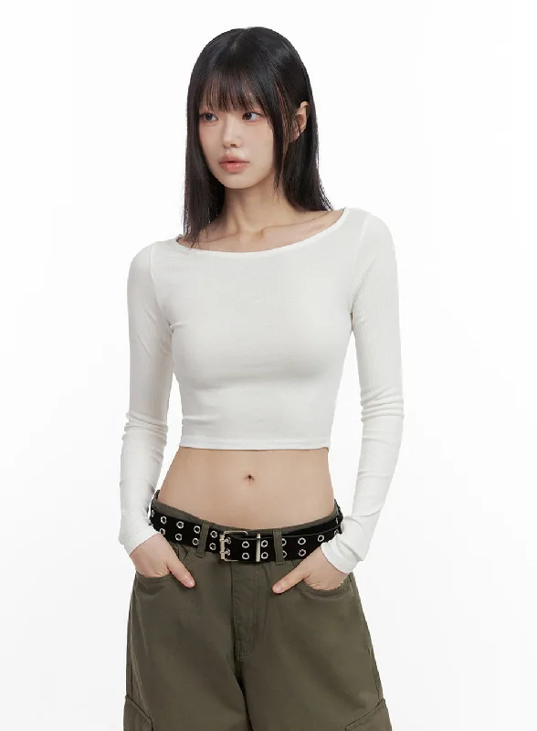 Long-Sleeve Slim Crop Top IO430 Artistic Women's Hand - painted