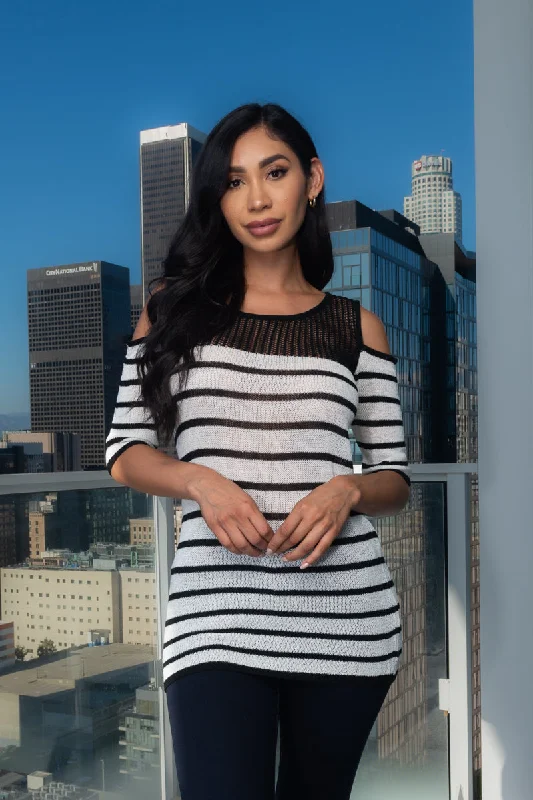 Crocket Knit Open Shoulder Short Sleeve Stripped Top  (137899) Trendy Women's 