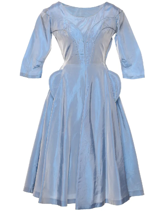 1950s Light Blue Metallic Long-Sleeve Dress - XS Streetwear Style for 