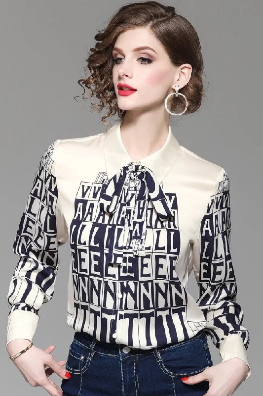 Letter Print Satin Blouse Elegant Women's Formal 