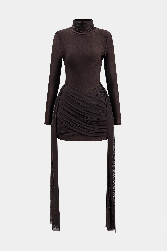 Mesh Ruched Mock Neck Long Sleeve Mini Dress