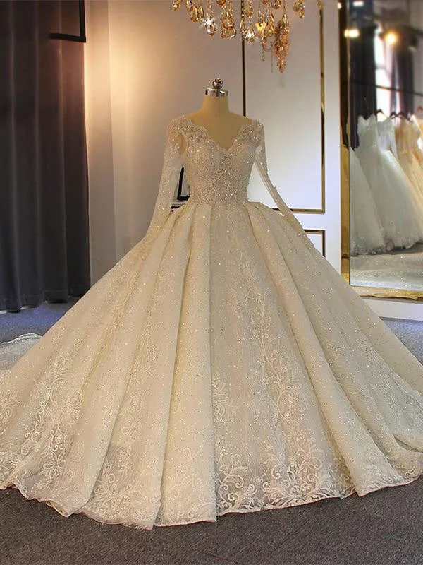Sparkling V-Neck Long Sleeves Lace -Up Ball Gown Wedding Dresses Earthy Women's 