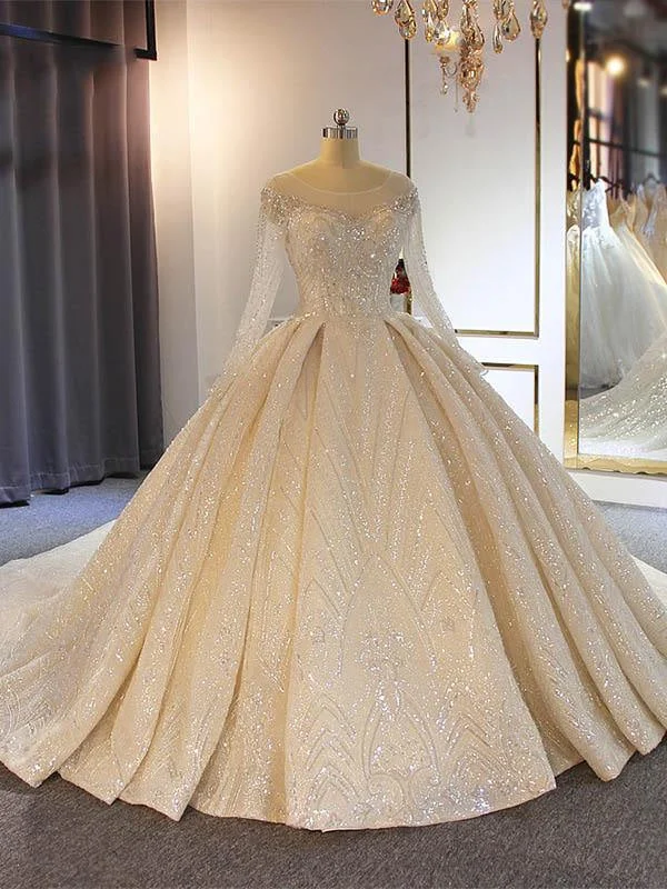 Luxury O-Neck Long Sleeves Lace Ball Gown Wedding Dresses performance