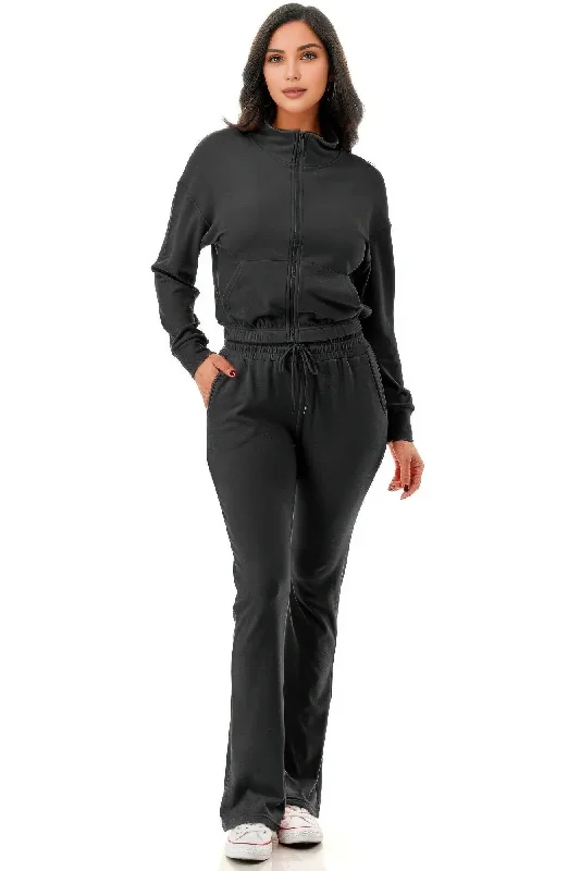 Thermal Crop Jacket With Flare Pants Set Refined Women's Velvet