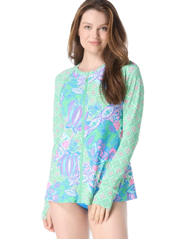 Estate Mosaic Pique Zip-Front Rash Guard Trendy Women's 