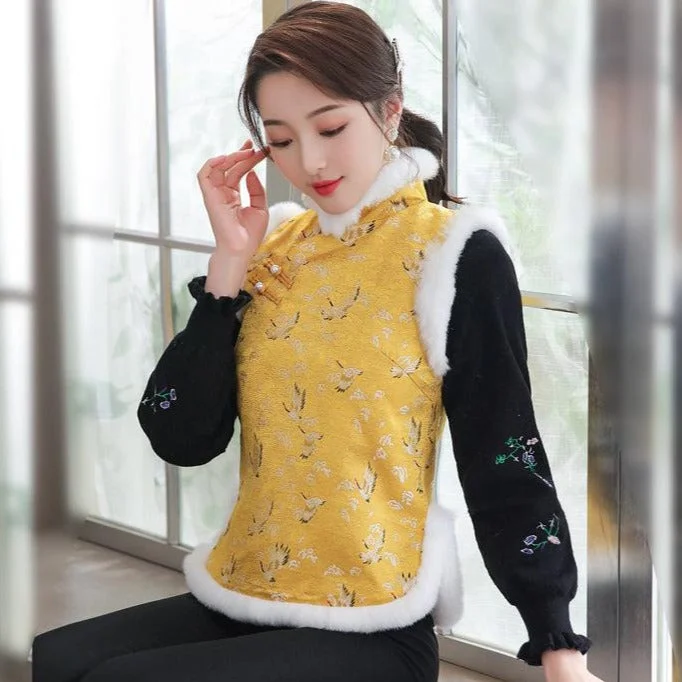 Crane Pattern Brocade Fur Edge Chinese Wadded Waistcoat Vest Athletic Women's 