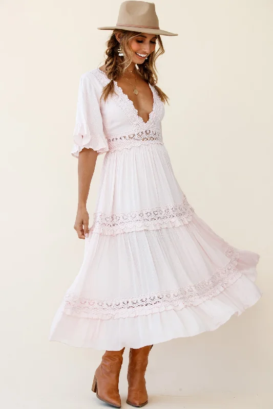 Indio Crochet Insert Deep V-Neckline Angel Sleeve Maxi Dress Pink Compression