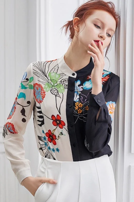 Floral Print Contrast Silk Blouse Street