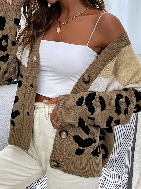 Casual Leopard Button Front Long Sleeve V Neck Regular Women Cardigan Unique Women's Upcycled