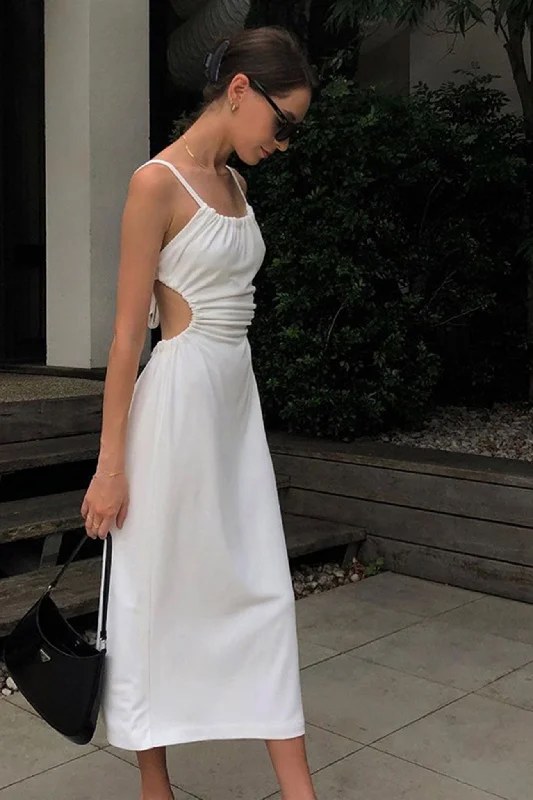 Cut-out Backless Strappy White Dress Polished Women's Silk
