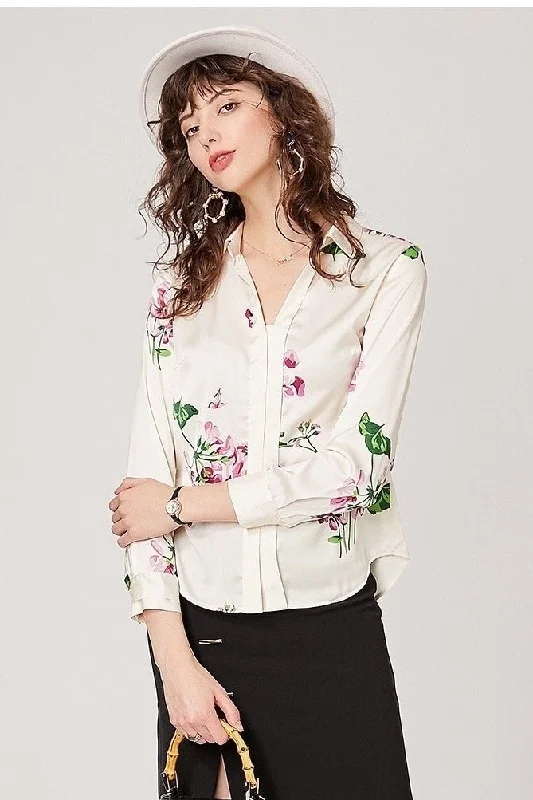 Floral Print Silk Blouse Artistic Women's Avant - 