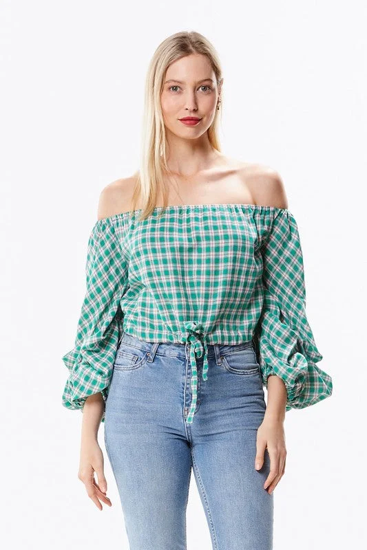 Open Shoulder Plaid Top Dapper Women's Bow - adorned