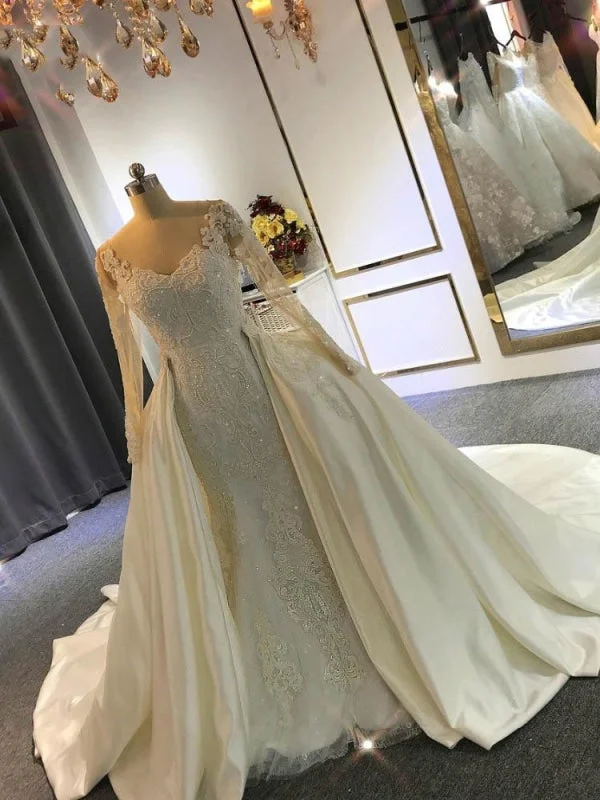 Elegant Long Sleeves Lace Mermaid Wedding Dresses with Detachable Train Stylish Women's Tropical 