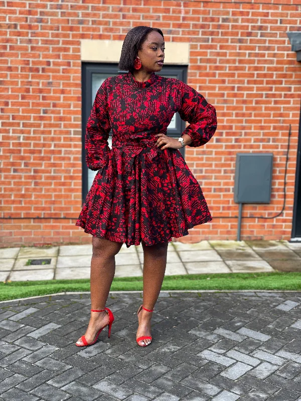 Eno Ankara Mini Dress | Red and Black African Print Bold Women's Statement
