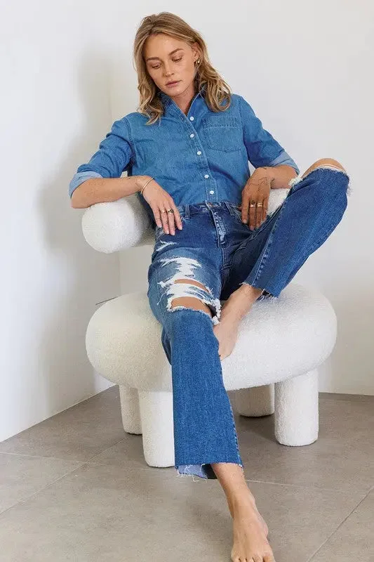 Distressed High Rise Ankle Relaxed Straight Jeans Laid - back Women's Vibe
