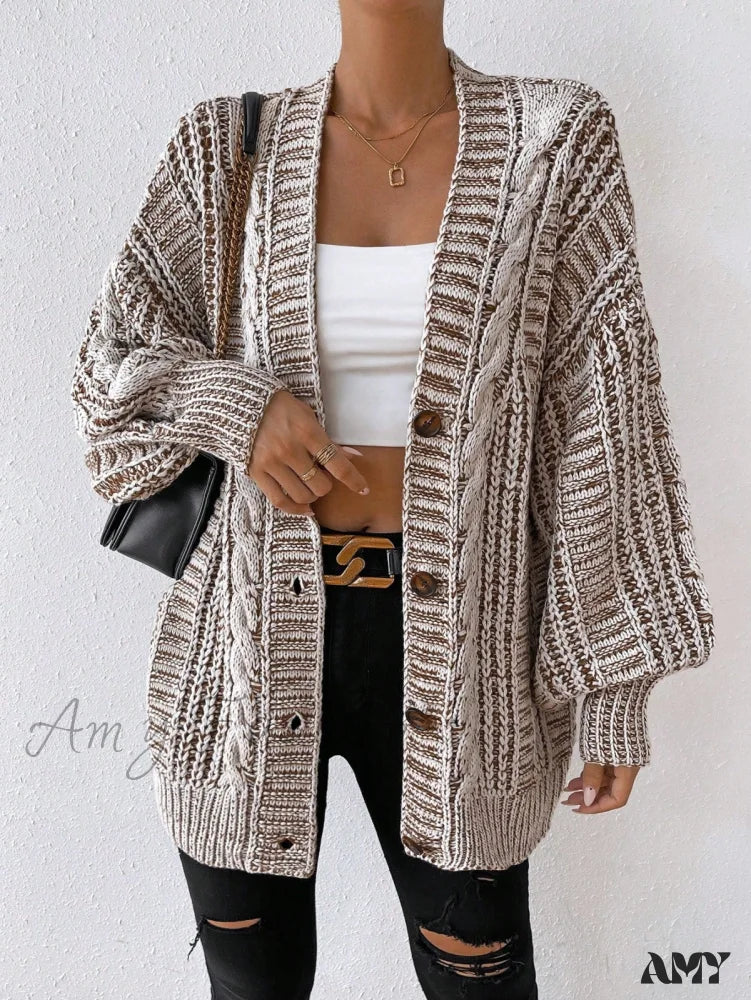 Amy Fashion - Space Dye Drop Shoulder Cable Knit Lantern Sleeve Cardigan