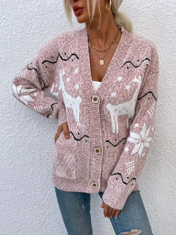 Reindeer Button Down Cardigan with Pockets Dapper Women's 1920S