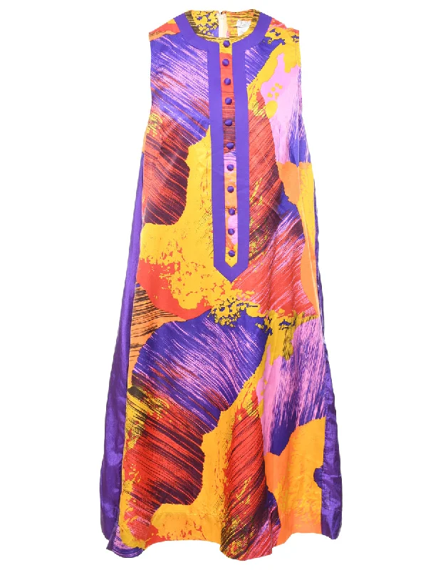 1970s Abstract Pattern Sleeveless Shift Dress - L Vintage Women's 1970S 