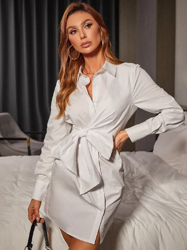Plain Button Front Long Sleeve Collar Semi-Sheer Straight Short Dress Traditional Women's Wool