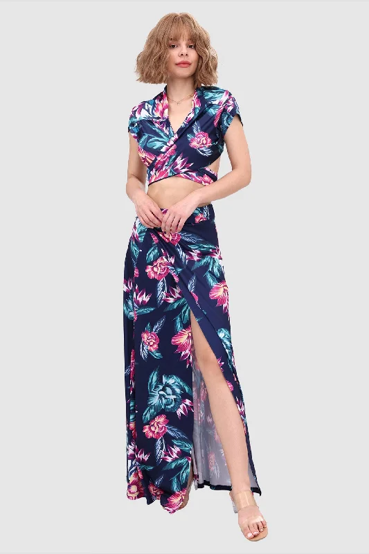 V-neck Crop Tied Top & Front Slit Skirt Cool Women's Skate