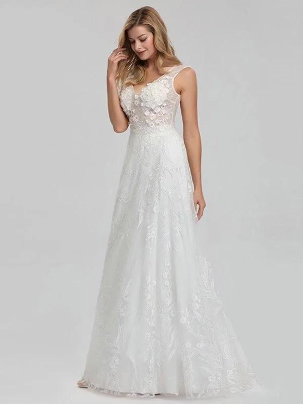 Elegant V-Neck Lace Wedding Dresses Sleek Women's Metallic