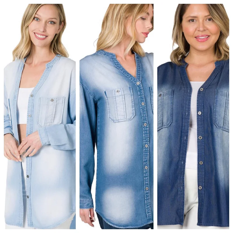 Wash blue denim Chambray Polished Women's Silk