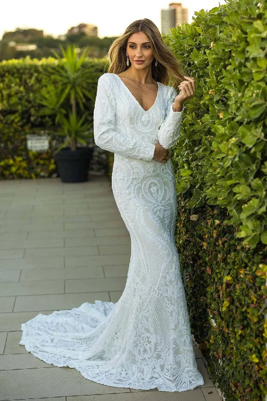 Elena Long-Sleeve Pattern Sequin Gown - White/White Sophisticated Women's Tailored