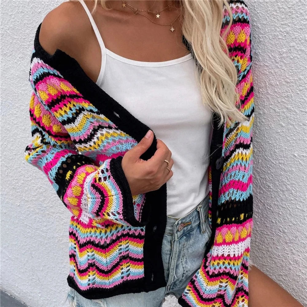 Colourful Striped Knitted Cardigan Confident Women's High - fashion