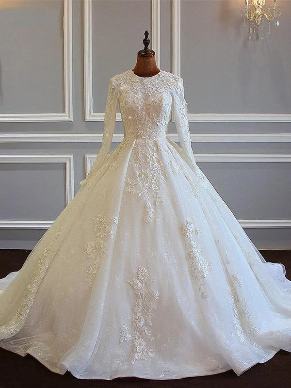 Long Sleeves Ball Gown Wedding Dresses With Lace Flowers Hip Women's Urban