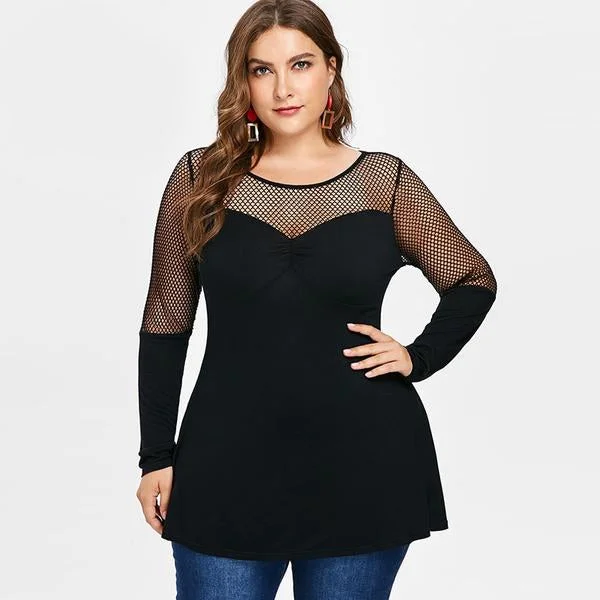 ANLUKE Fishnet Panel Tunic Tee Women Long Sleeve T-Shirt Vintage Women's 1970S 