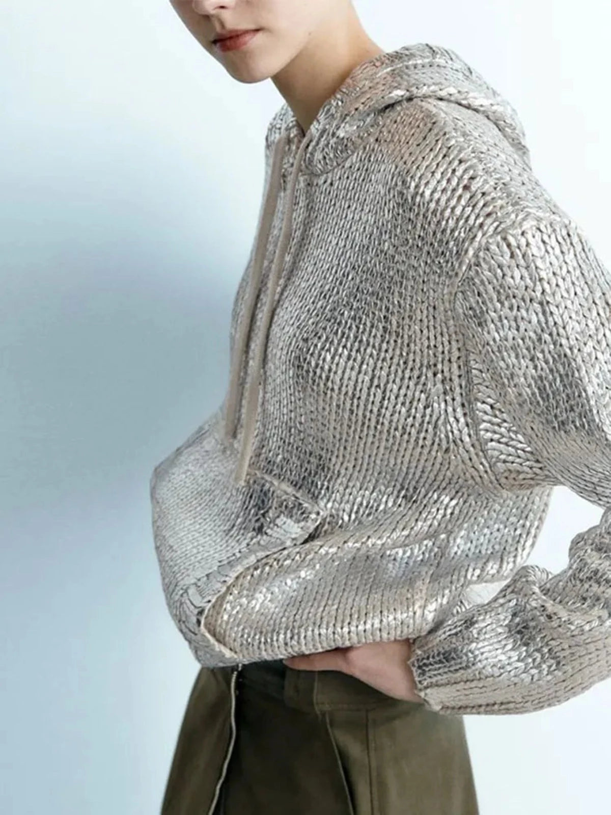 Futuristic Metallic Knitted Hoodie Practical Women's Multi - 