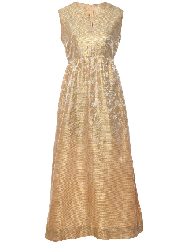 1970s Gold Sleeveless Jacquard Maxi Dress - M Youthful Women's Pop