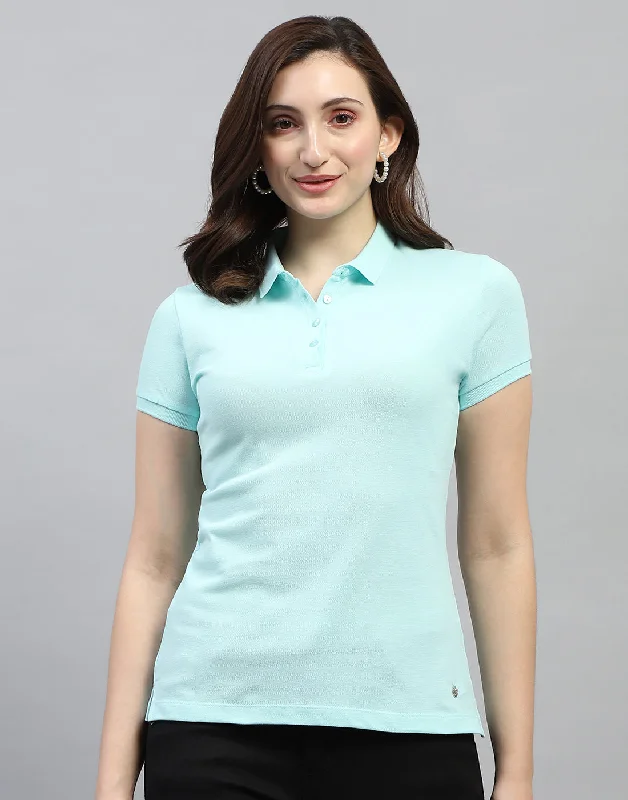 Women Aqua Blue Solid Polo Collar Half Sleeve T Shirt Monochromatic All - in - one