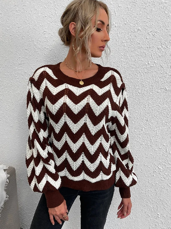 Casual Chevron Long Sleeve Round Neck Regular Women Sweater