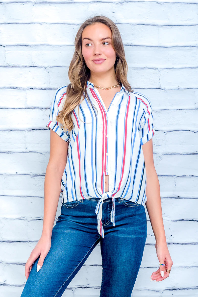 Multi Color Striped Button Down Top with Tied Waist and Short Sleeves with Rolled Cuffs in White* (HTN1653) Cozy Women's Sherpa - lined