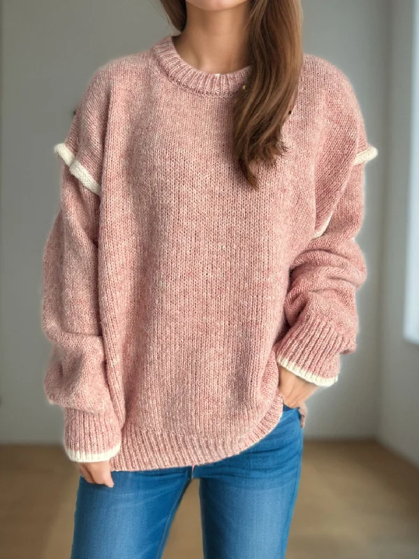 Contrast Trim Round Neck Dropped Shoulder Sweater | Cozy Weather | Cozy Sweaters Confident Women's High - fashion