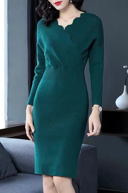 Scallop V Neck Sweater Dress Polished Women's Silk