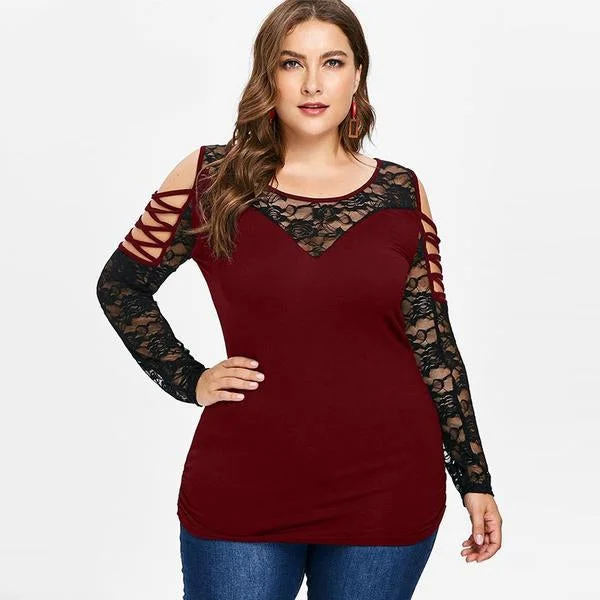 ANALUKE  Tops Plus Size Cold Shoulder Lattice Long Sleeve T-Shirt Elegant Women's Formal 