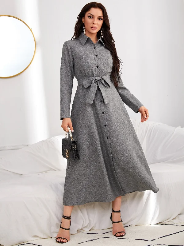 Plain Button Front Long Sleeve Collar Flared High Waist Midi Dress Hip Women's Retro