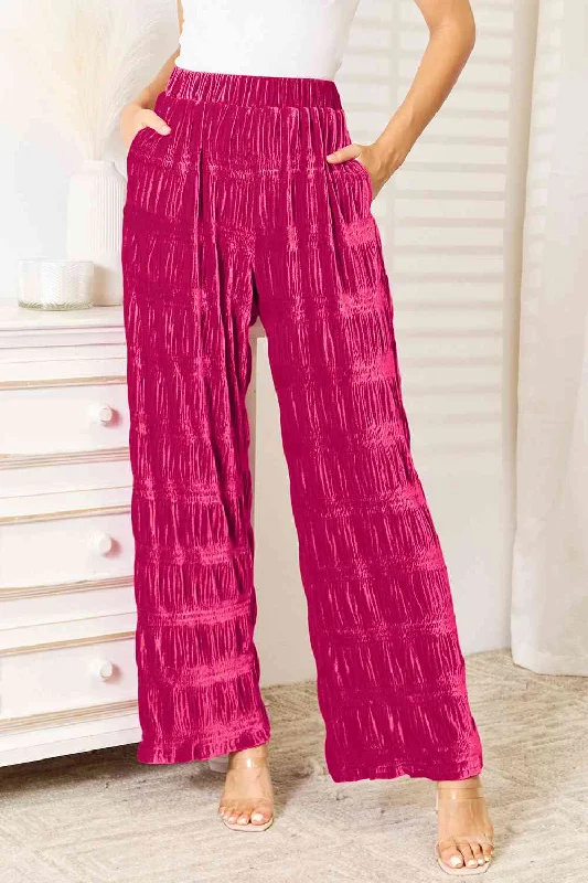 Double Take  High Waist Tiered Shirring Velvet Wide Leg Pants Practical Women's Quick - dry