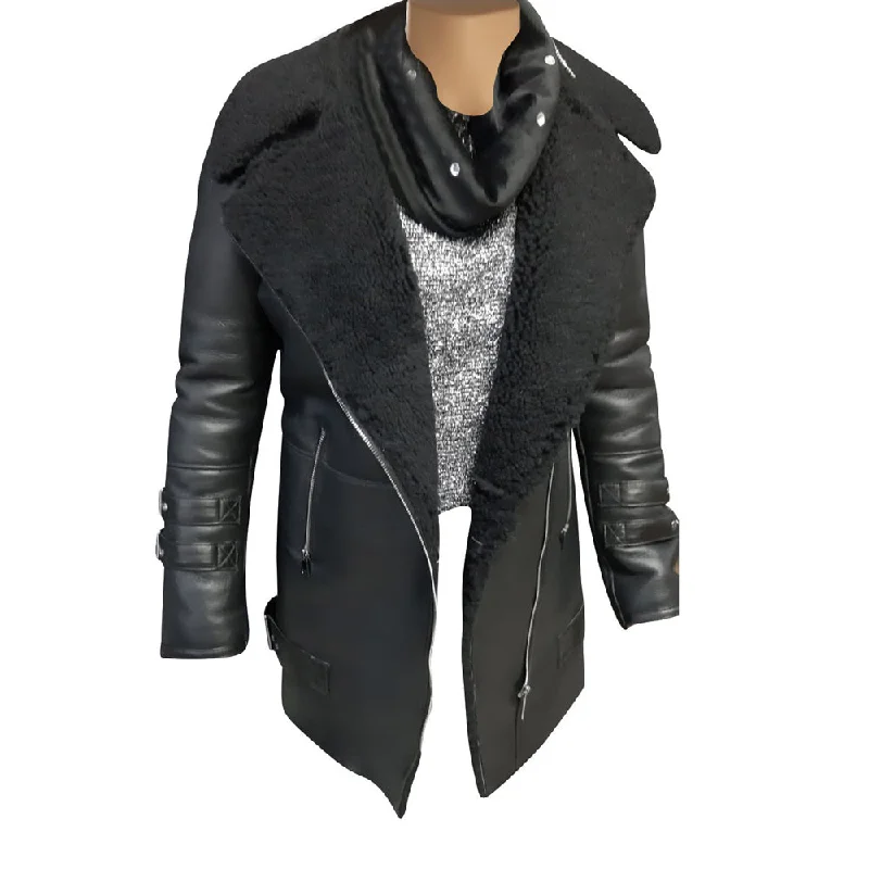 Paulina's Black shearling jacket with large lapels Traditional Women's Wool