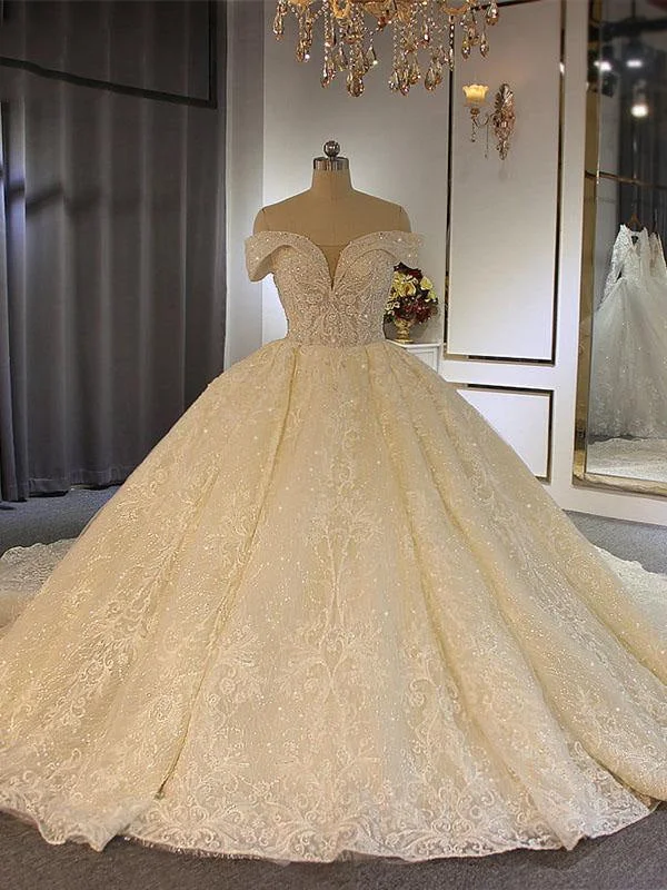 Luxury Off-the-Shoulder Lace-Up Ball Gown Wedding Dresses with Beading Elegant Women's 