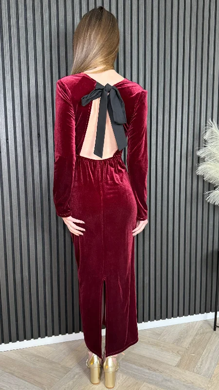 Clarice Burgundy Back Bow Detail Midi Dress Australian Beach